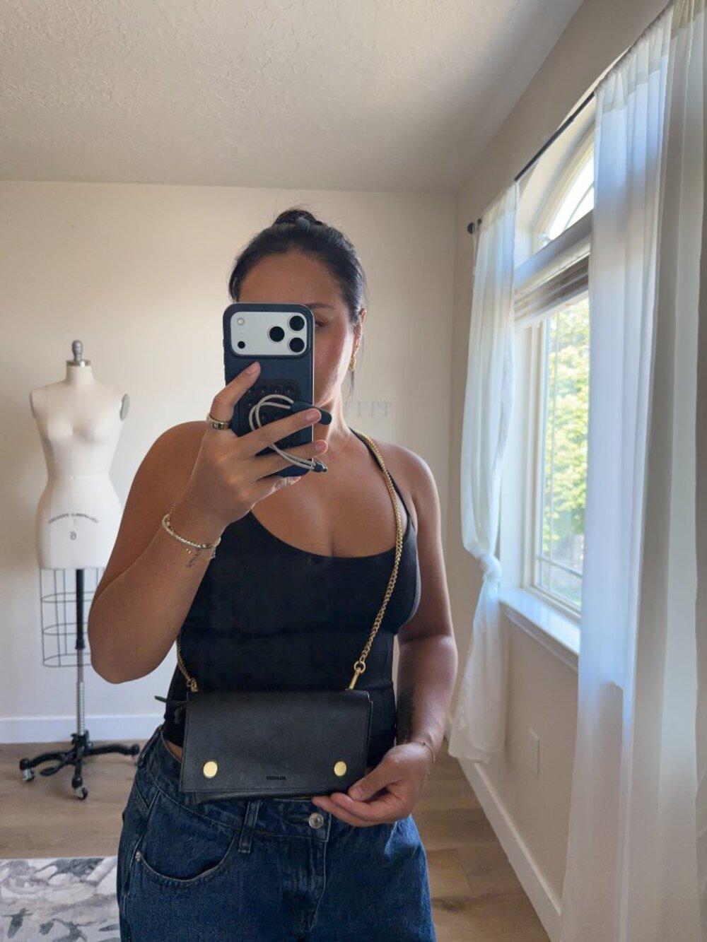 AllSaints Chain Crossbody Bag | Black Leather Clutch Purse | Gold Chain Shoulder